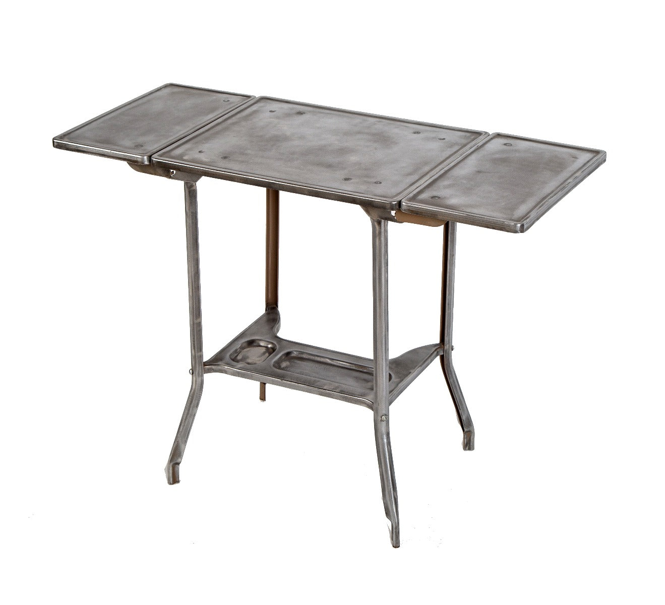 refinished diminutive four-legged pressed and folded steel "uhl art steel" typewriter stand with hinged leaves
