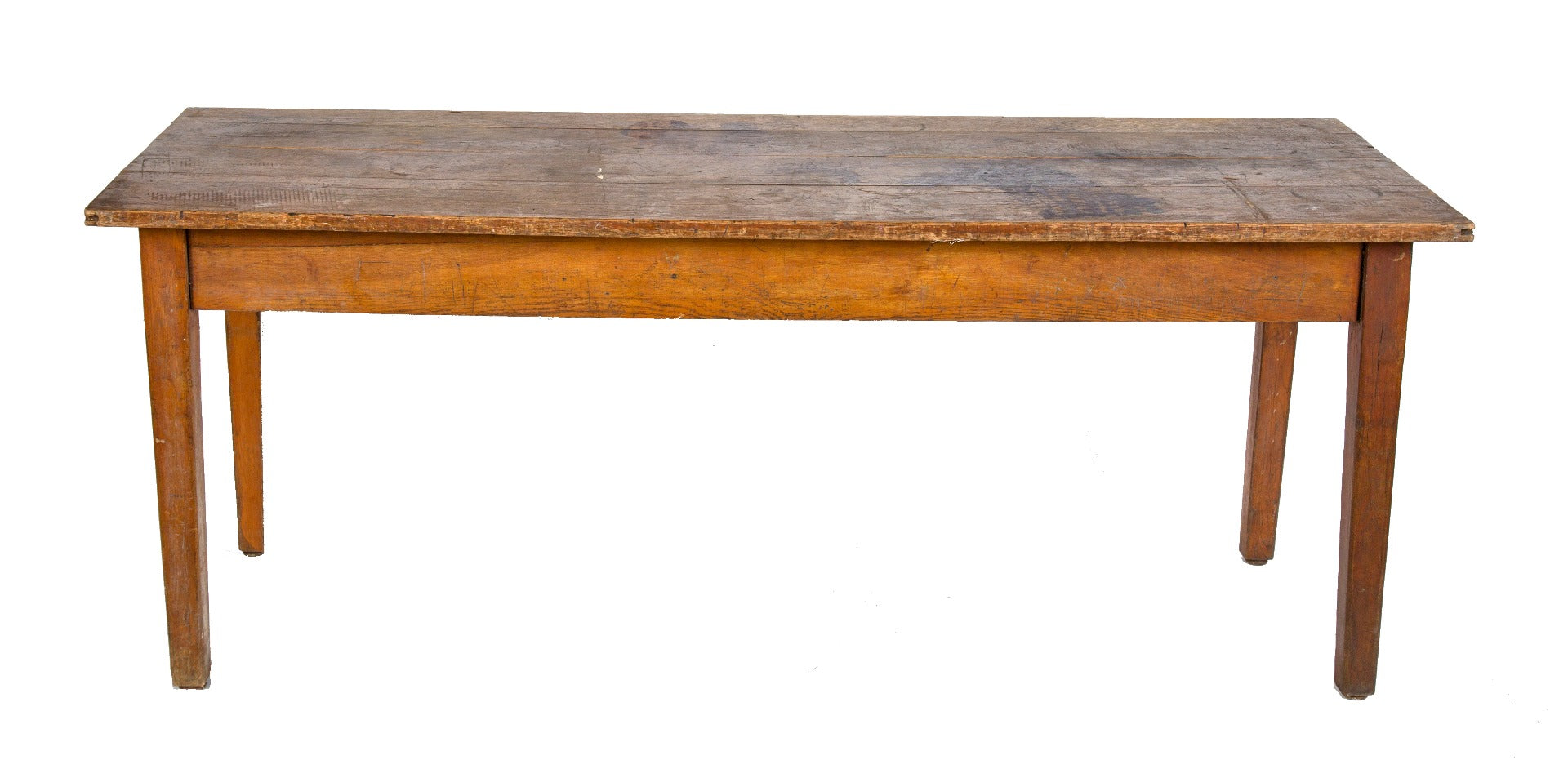 all original hard to find salvaged chicago four-legged solid oak wood university chemistry lab table with weathered and worn varnished finish
