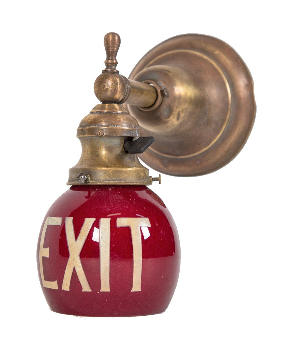 original early 20th century salvaged chicago wall-mount illuminated exit light wall sconce with ruby red globe