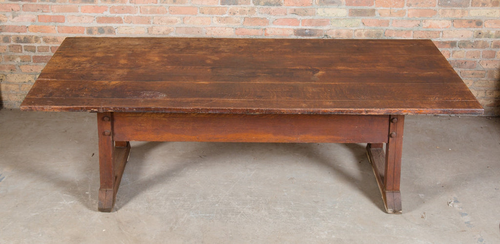 highly sought after gargantuan  early 20th century quartered oak wood salvaged chicago school library table with distinctive base