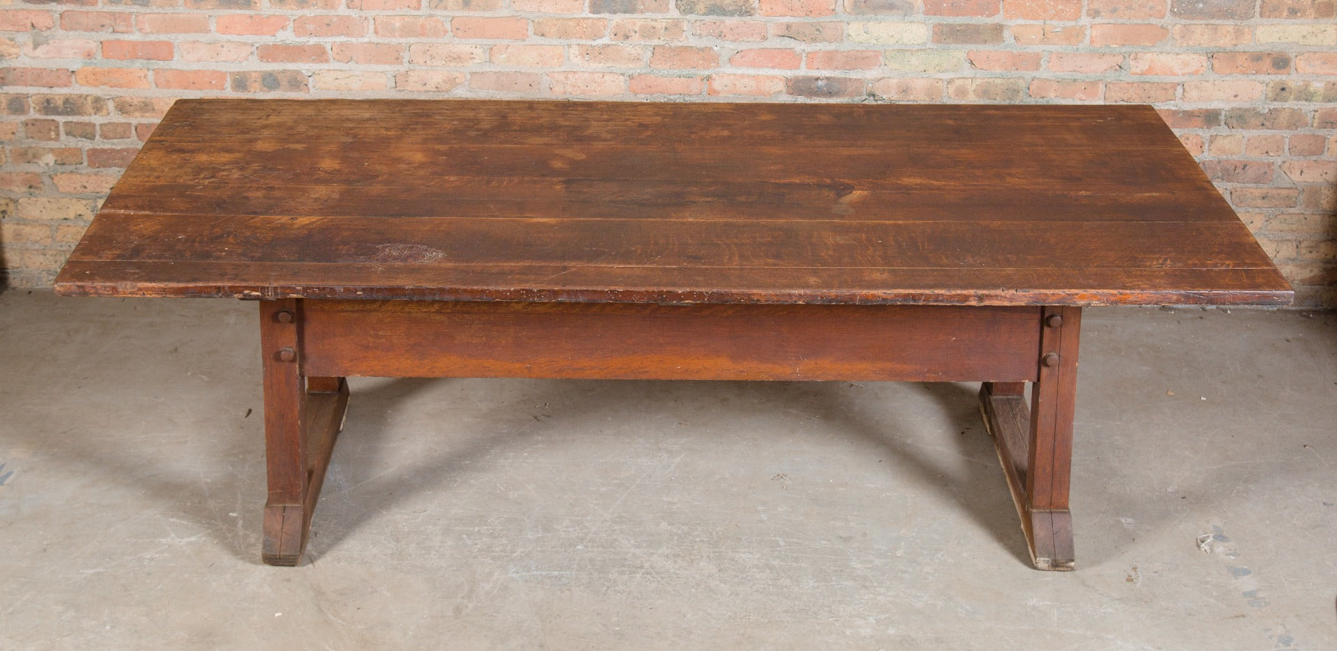 highly sought after gargantuan  early 20th century quartered oak wood salvaged chicago school library table with distinctive base