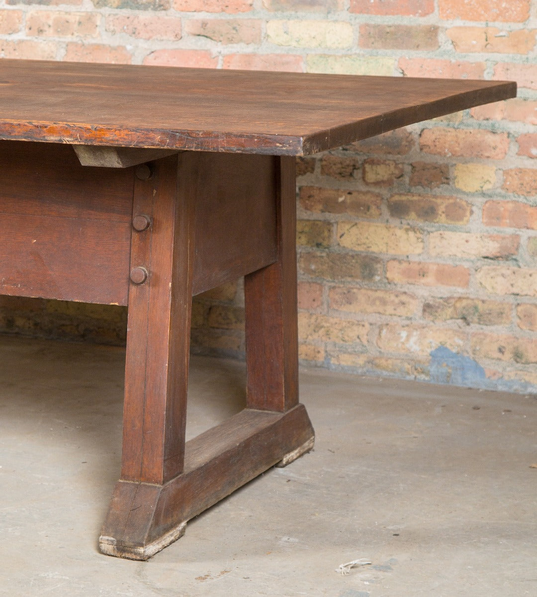 highly sought after gargantuan  early 20th century quartered oak wood salvaged chicago school library table with distinctive base