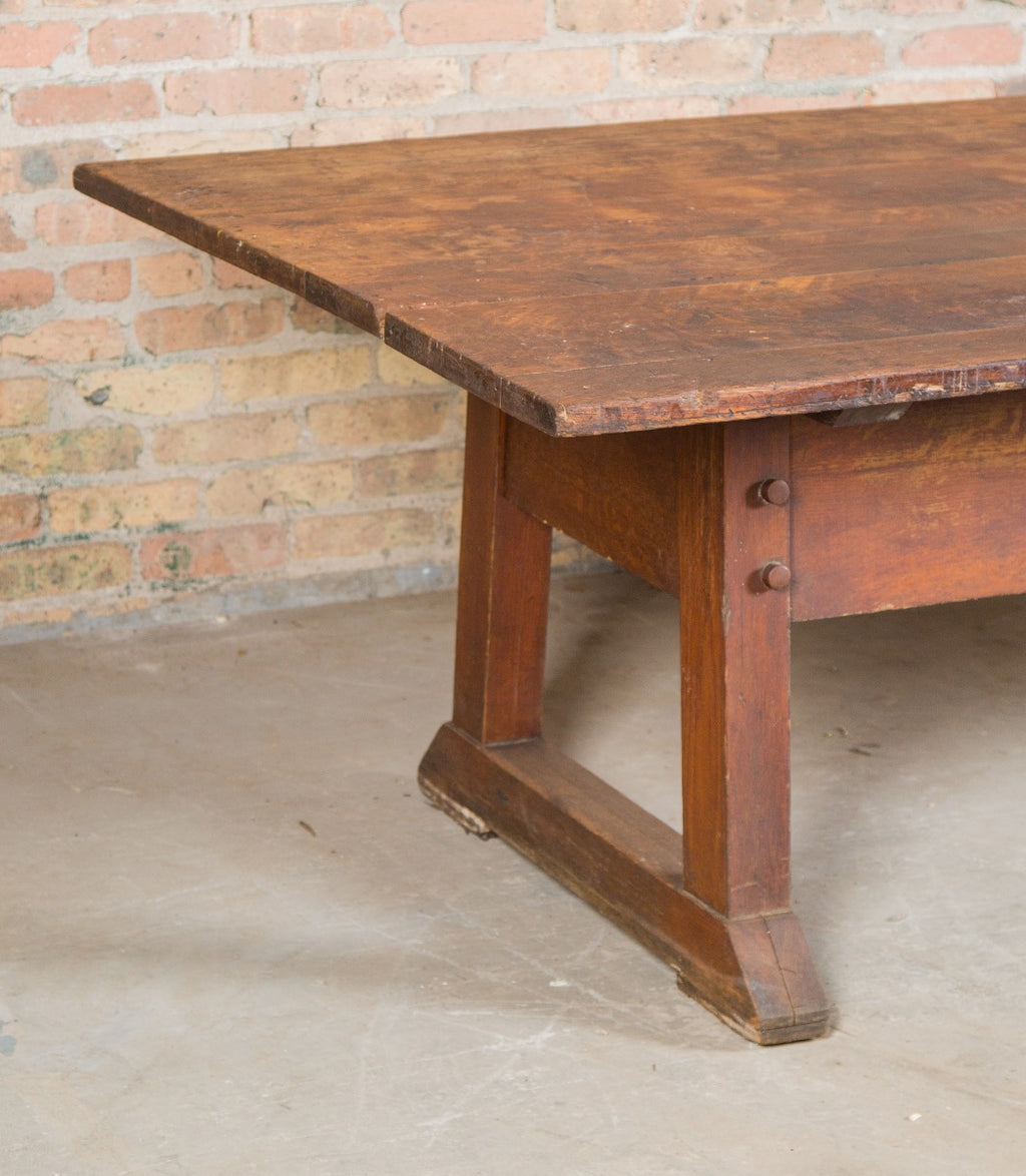 highly sought after gargantuan  early 20th century quartered oak wood salvaged chicago school library table with distinctive base