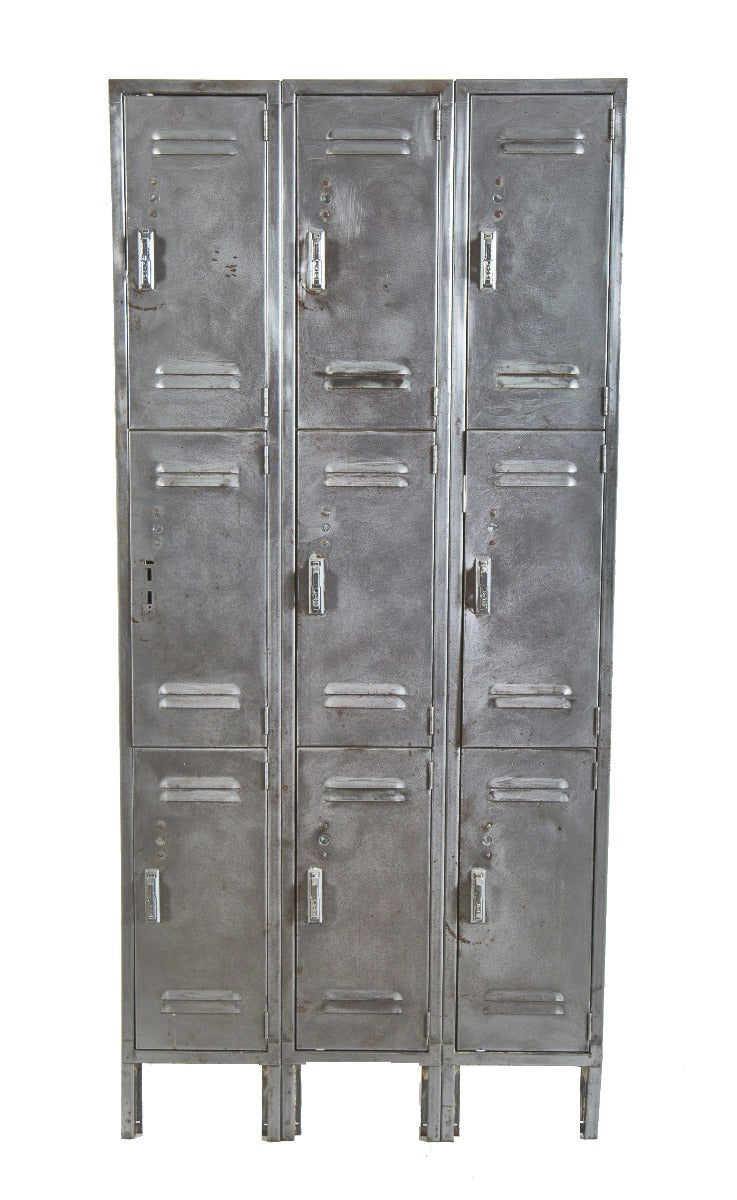 refinished a. finkl foundry vintage lyon 9-door freestanding brushed steel locker with clear coat finish