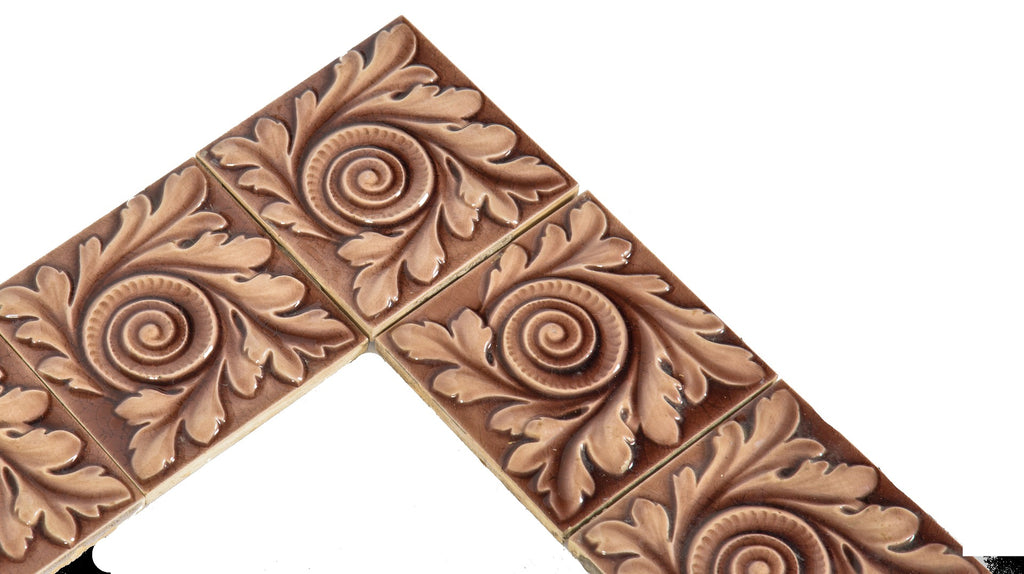 completely intact 19th century salvaged chicago richardsonian romanesque style deeply embossed majolica fireplace tile surround