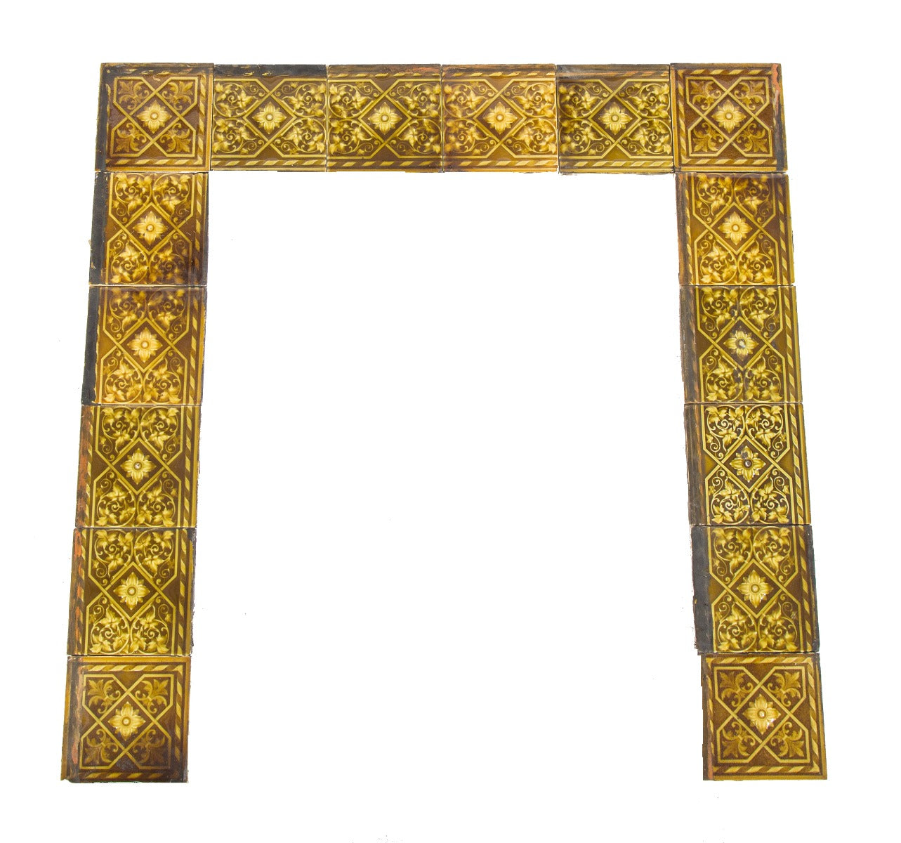 richly colored 19th century complete interior residential fireplace majolica tile surround with light olive green glaze