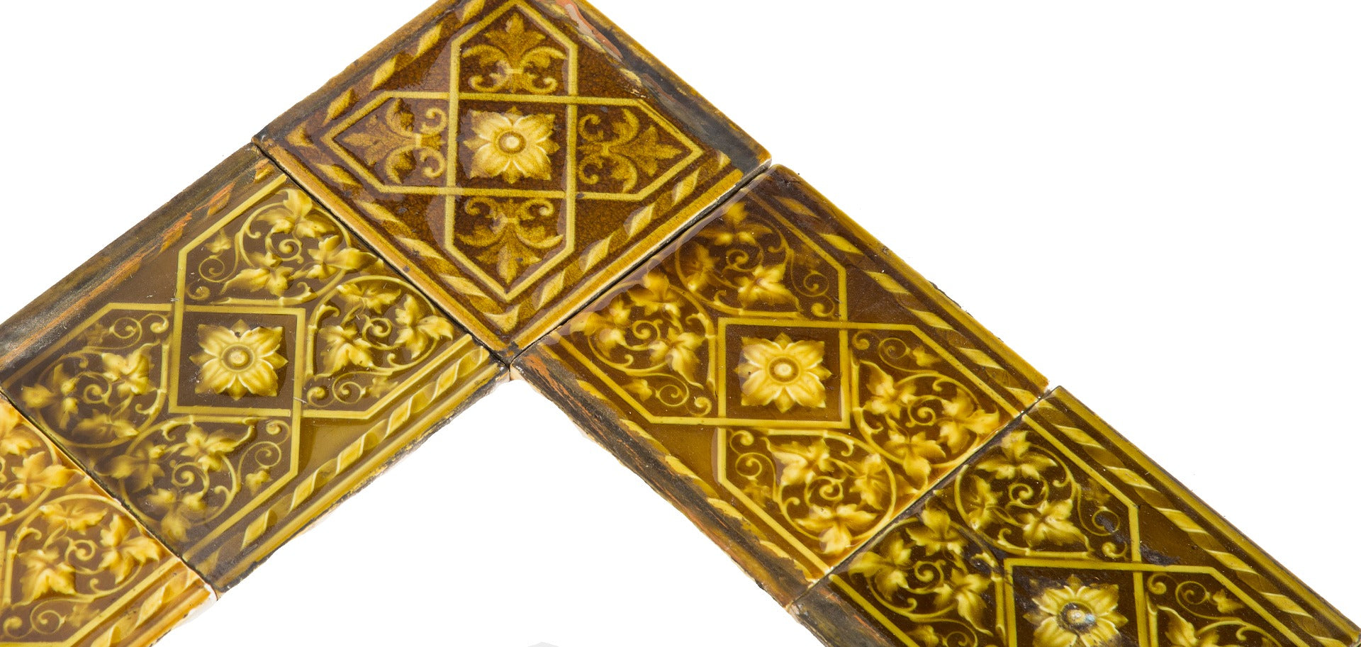 richly colored 19th century complete interior residential fireplace majolica tile surround with light olive green glaze