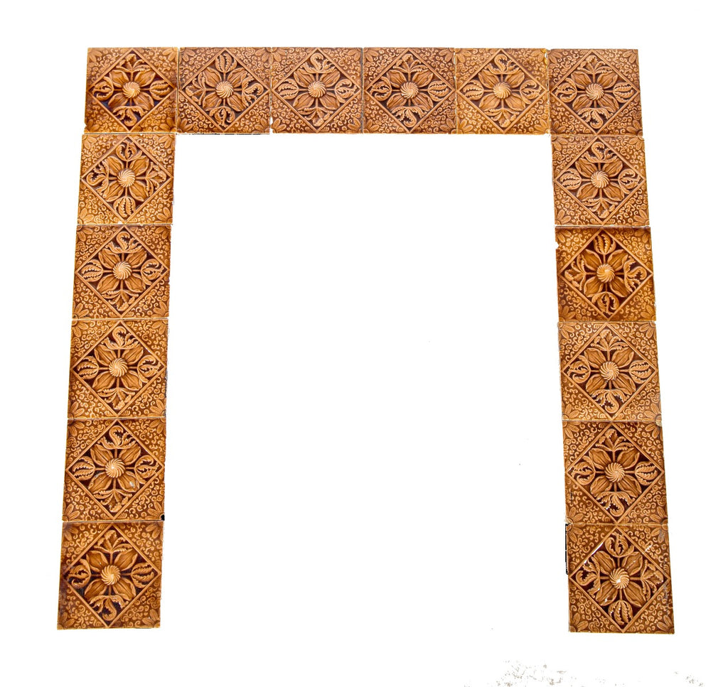 all original late 19th century antique american salvaged chicago butterscotch majolica glazed fireplace tile surround