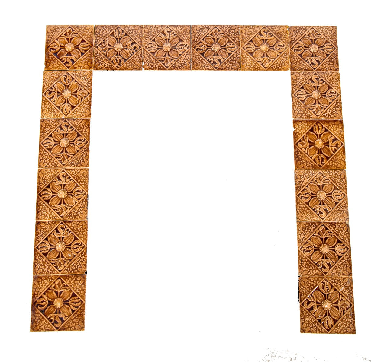 all original late 19th century antique american salvaged chicago butterscotch majolica glazed fireplace tile surround