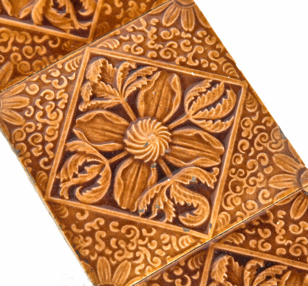 all original late 19th century antique american salvaged chicago butterscotch majolica glazed fireplace tile surround