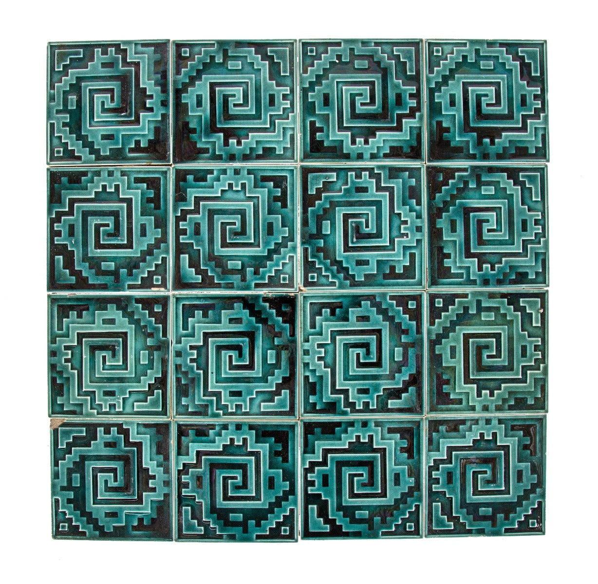 richly colored deep sea green salvaged chicago american victorian era fireplace tile surround with strongly geometric pattern