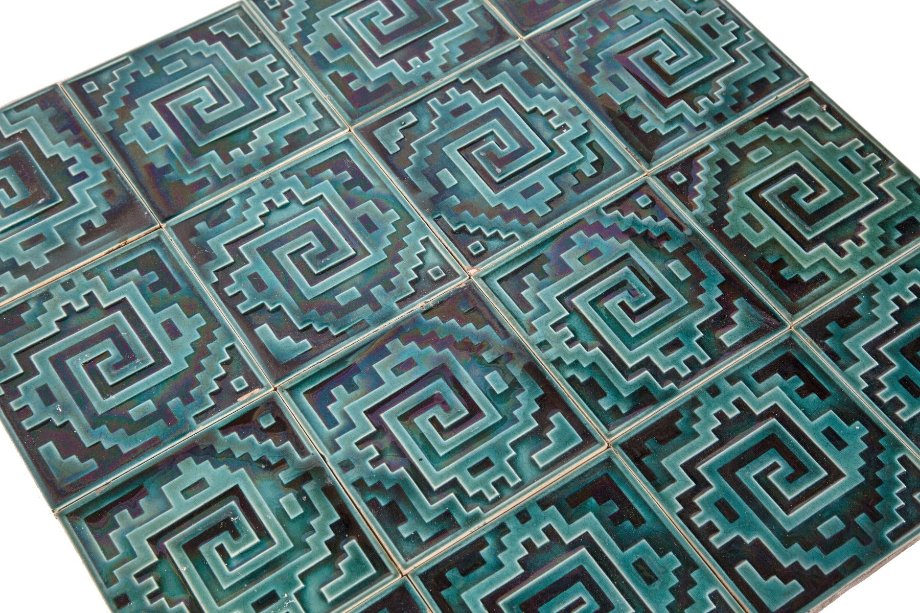 richly colored deep sea green salvaged chicago american victorian era fireplace tile surround with strongly geometric pattern