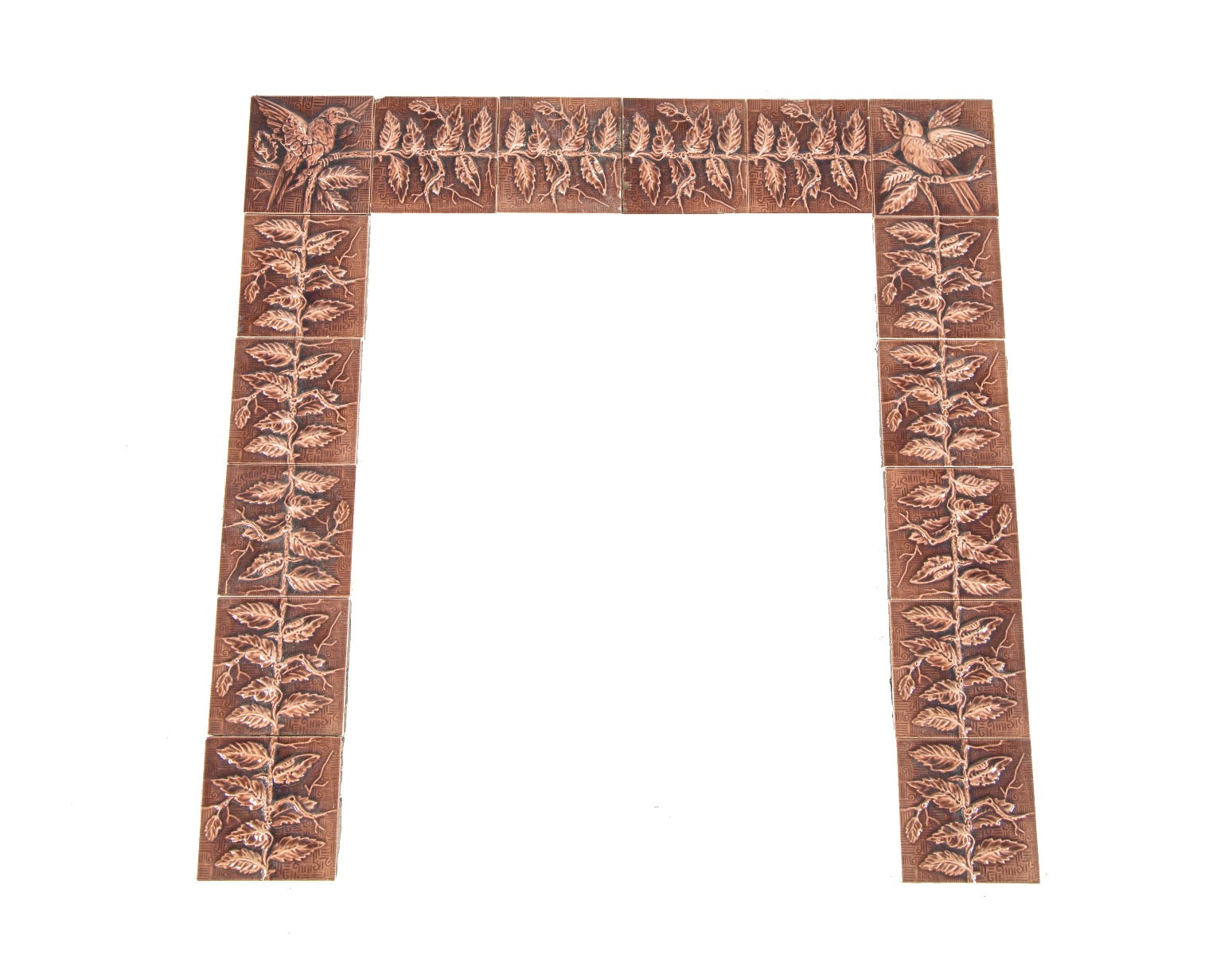 rare all original dark mauve majolica-glazed interior residential salvaged chicago fireplace tile surround with spread-winged bird corner tiles