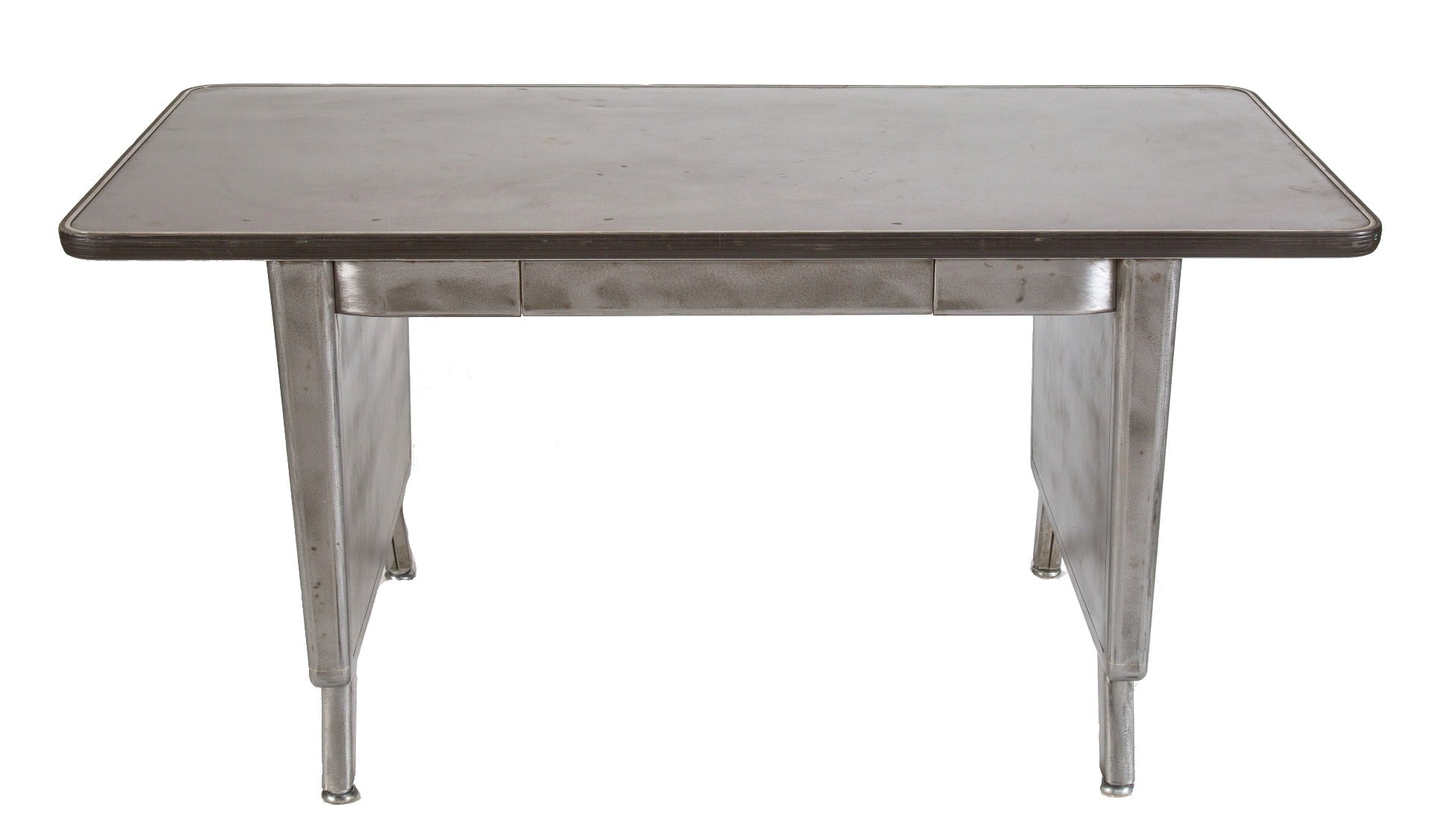 refinished salvaged chicago general fireproofing brushed metal tanker desk with metal tabletop and rounded cornrs