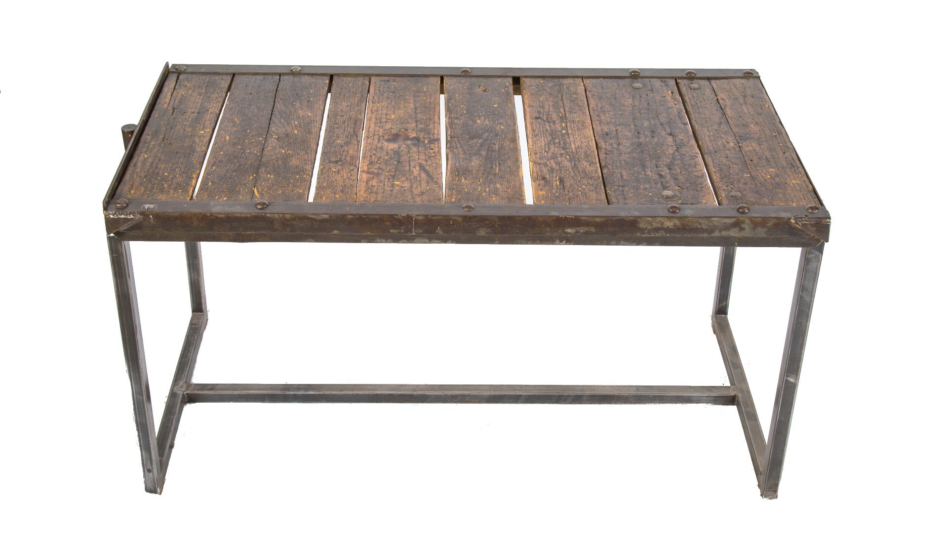 repurposed vintage industrial railroad passenger station luggage cart table with custom-built tubular steel base