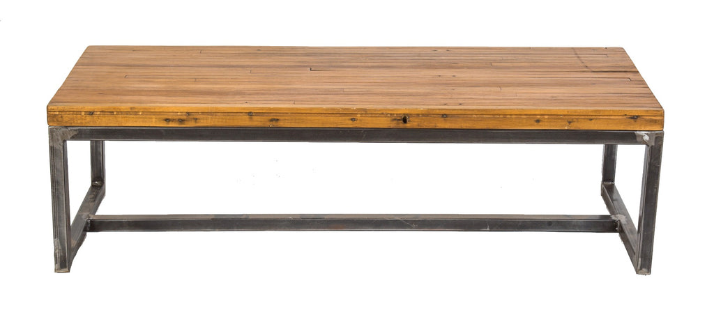 repurposed vintage american industrial salvaged chicago coffee table with refinished solid maple wood bowling alley top