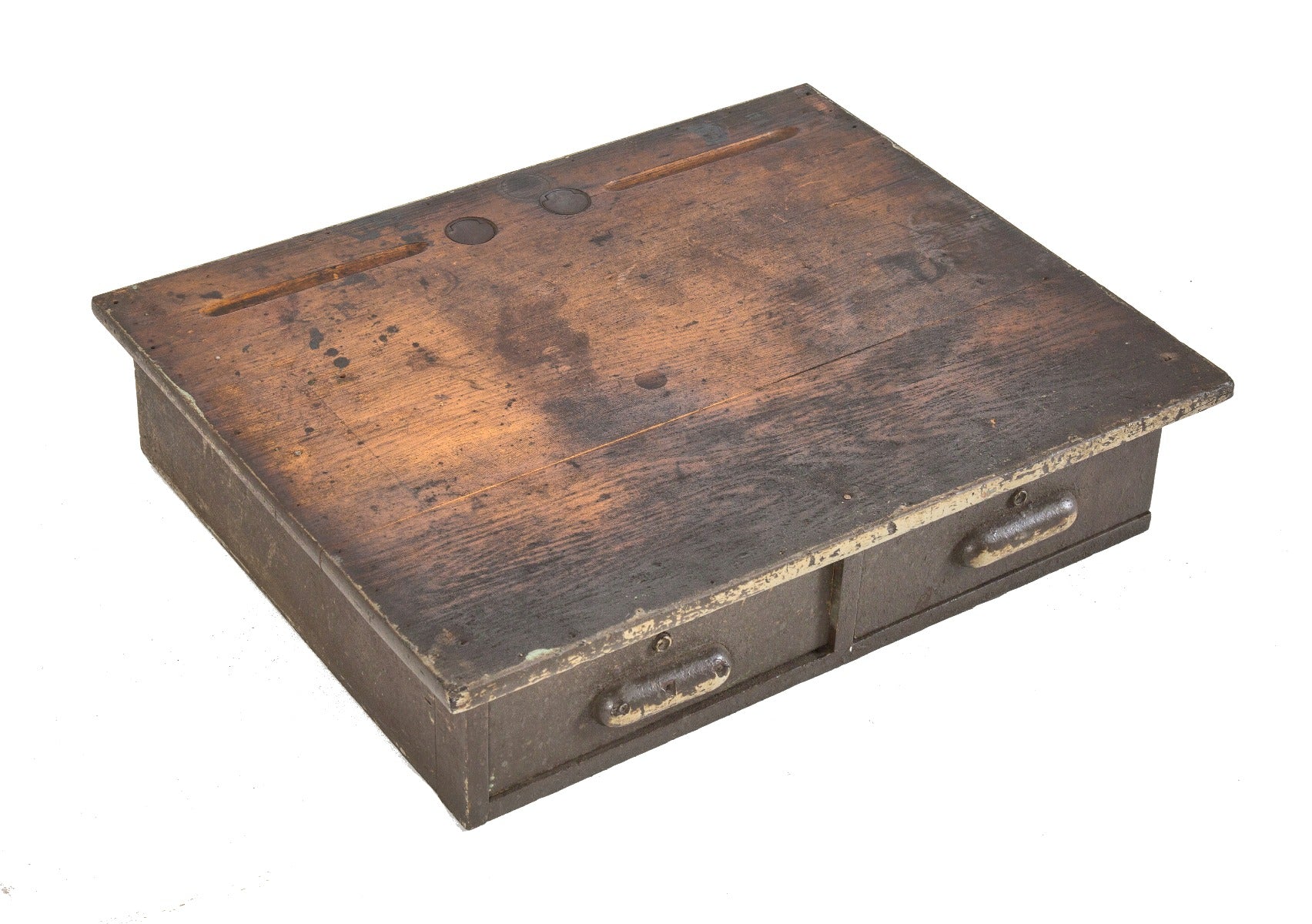 early 20th century repurposed factory table oak wood school desk top with two pull-out drawers