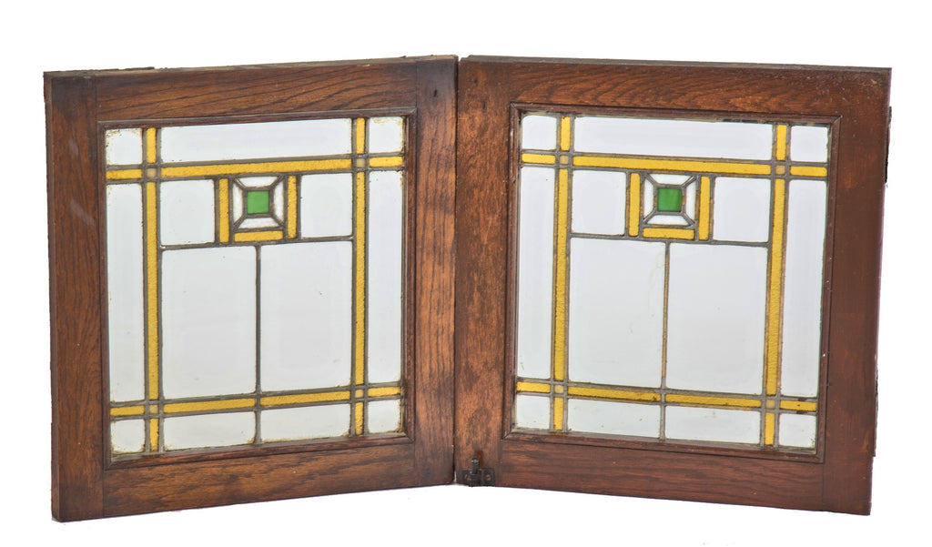 one of two matching sets of early 20th century salvaged chicago prairie style oak wood cabinet doors with art glass windows