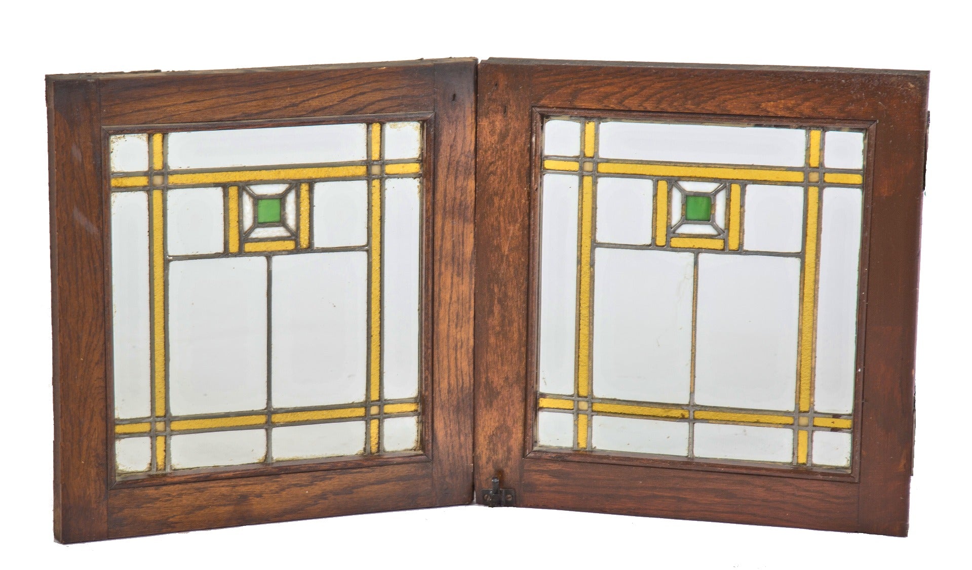 one of two matching sets of early 20th century salvaged chicago prairie style oak wood cabinet doors with art glass windows