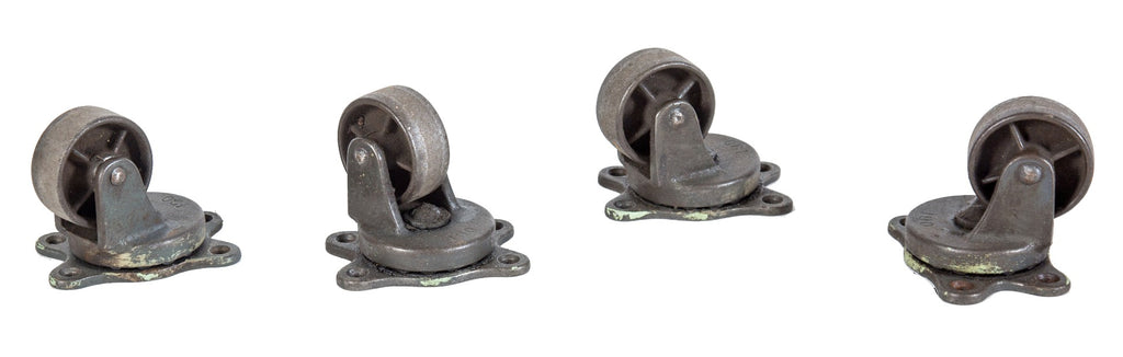lot of four matching antique american industrial wrigley chewing gum factory cart bassick swivel casters with perforated wheels