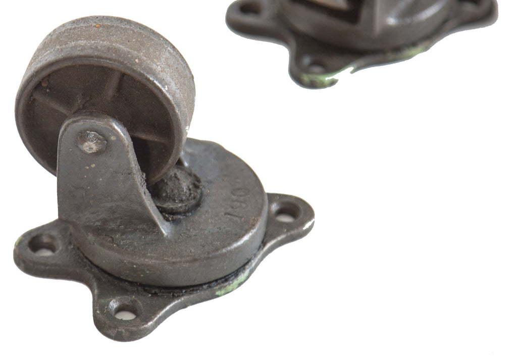 lot of four matching antique american industrial wrigley chewing gum factory cart bassick swivel casters with perforated wheels
