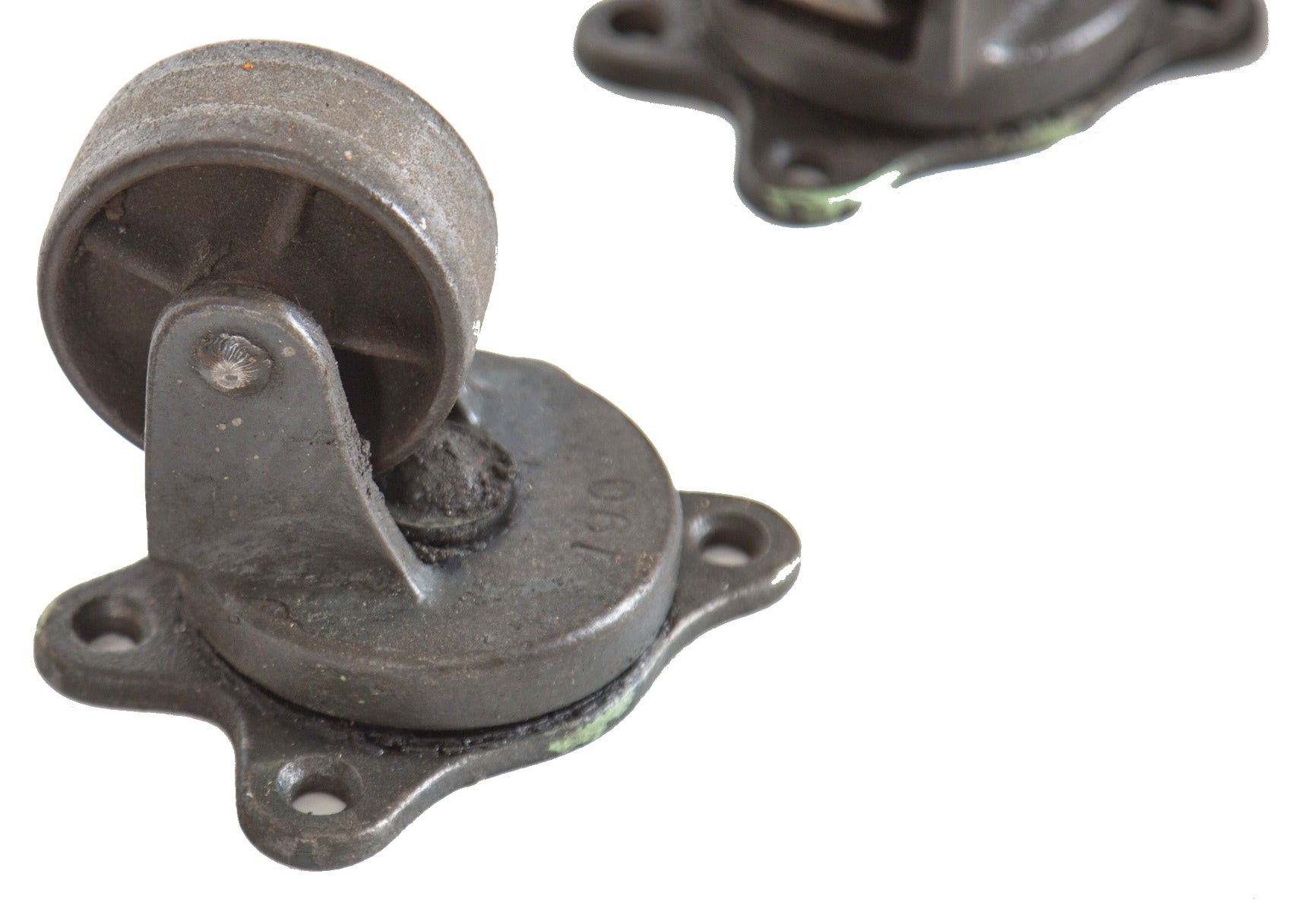 lot of four matching antique american industrial wrigley chewing gum factory cart bassick swivel casters with perforated wheels