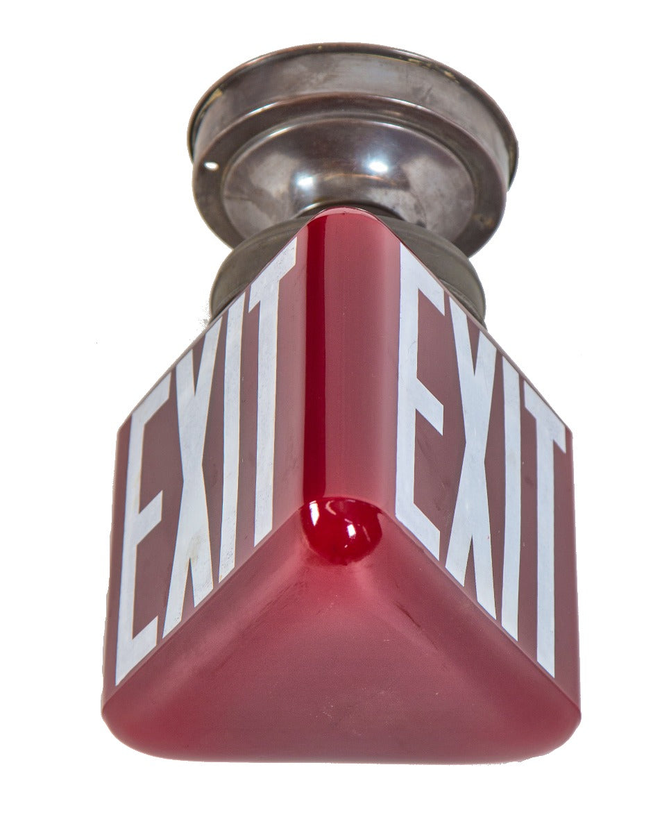 hard to find and highly sought after three-sided oversized 1930s ruby red glass ceiling mount theater lobby exit light