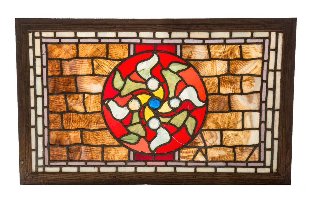 remarkable late 1880's american high victorian era salvaged chicago transom with ruby red flash glass center accentuated with jewels