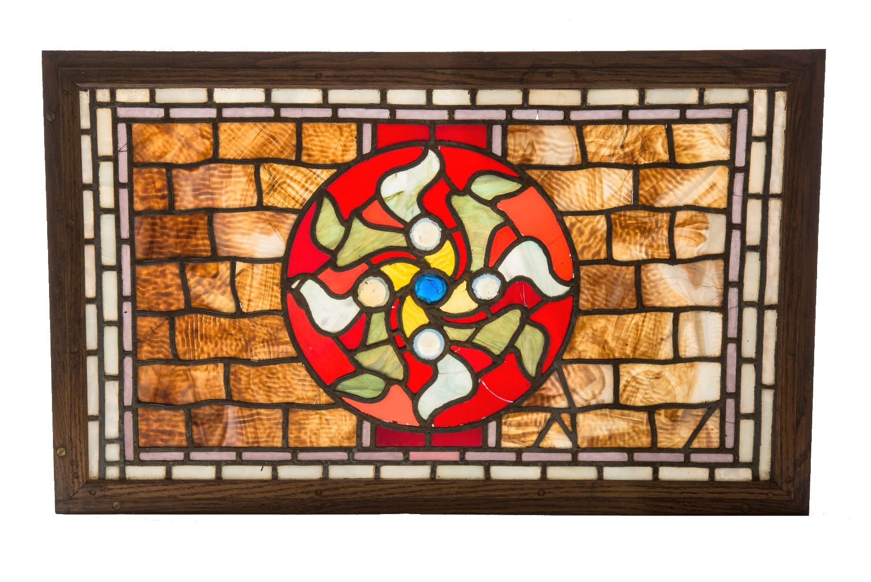 remarkable late 1880's american high victorian era salvaged chicago transom with ruby red flash glass center accentuated with jewels