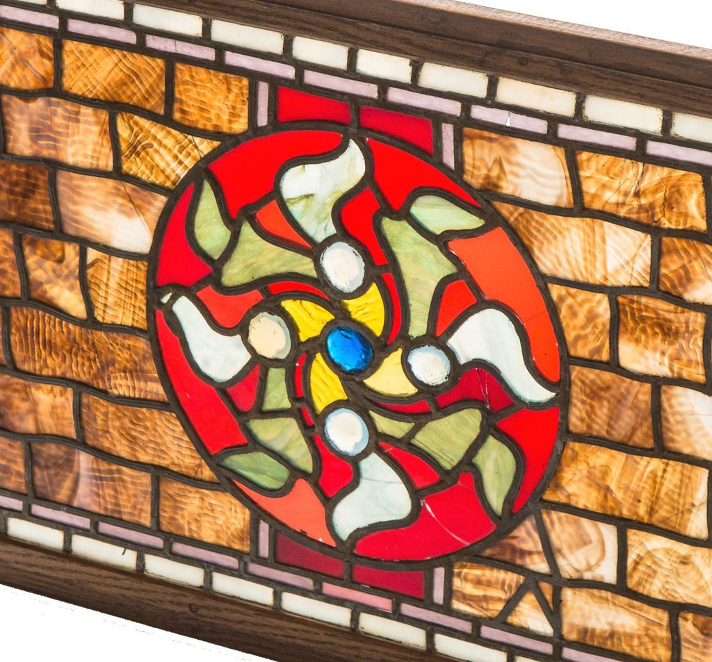 remarkable late 1880's american high victorian era salvaged chicago transom with ruby red flash glass center accentuated with jewels