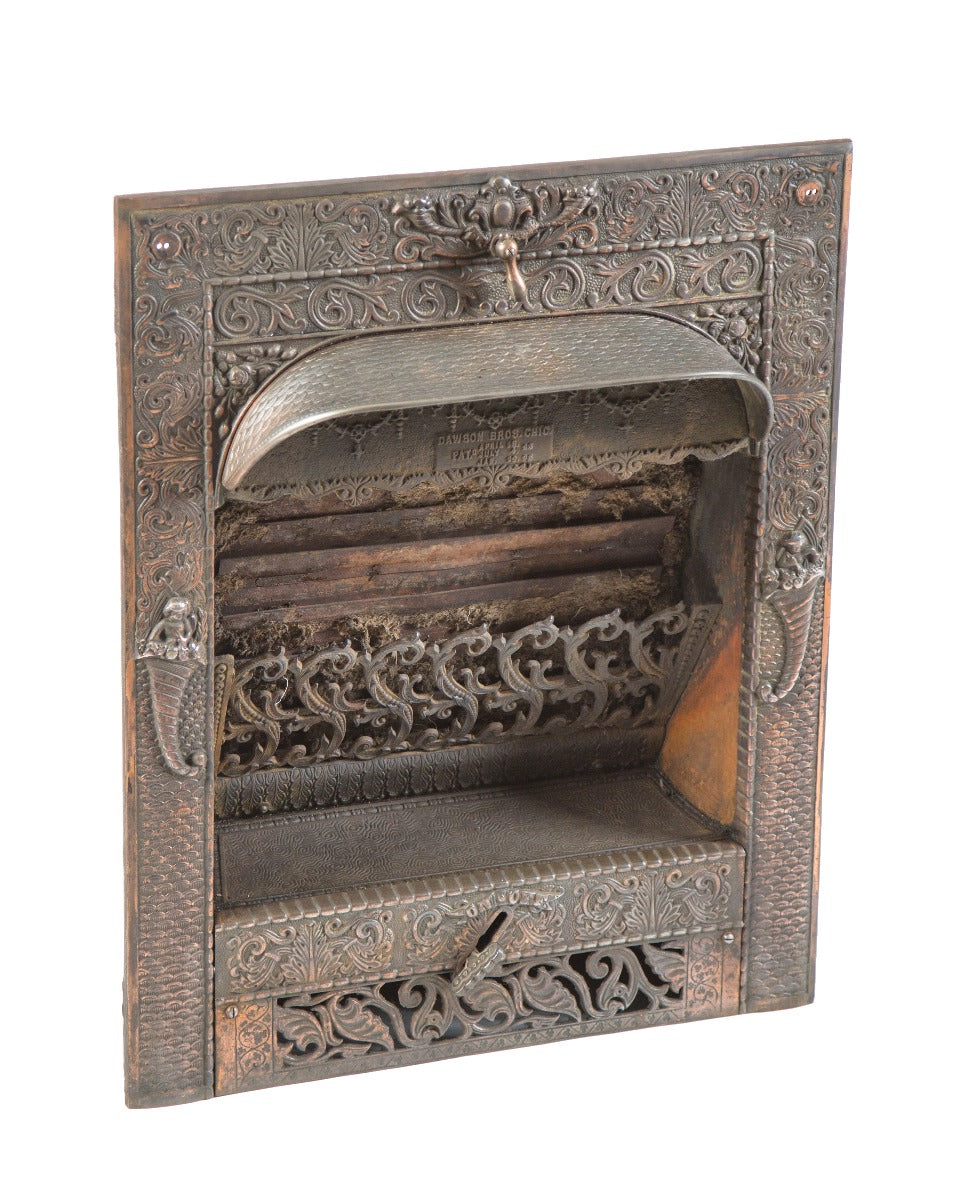 astounding 19th century all original and fully functional salvaged chicago copper-plated dawson brothers fireplace gas insert