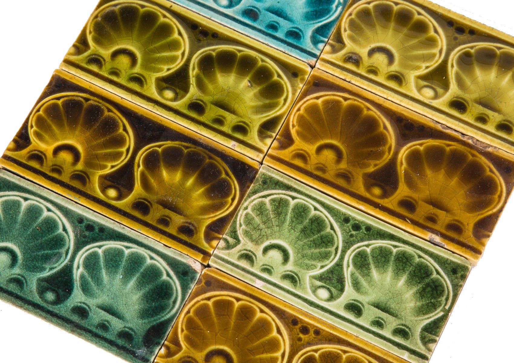 group of vibrantly colored 19th century antique american trent fireplace tiles salvaged from new york city brownstone