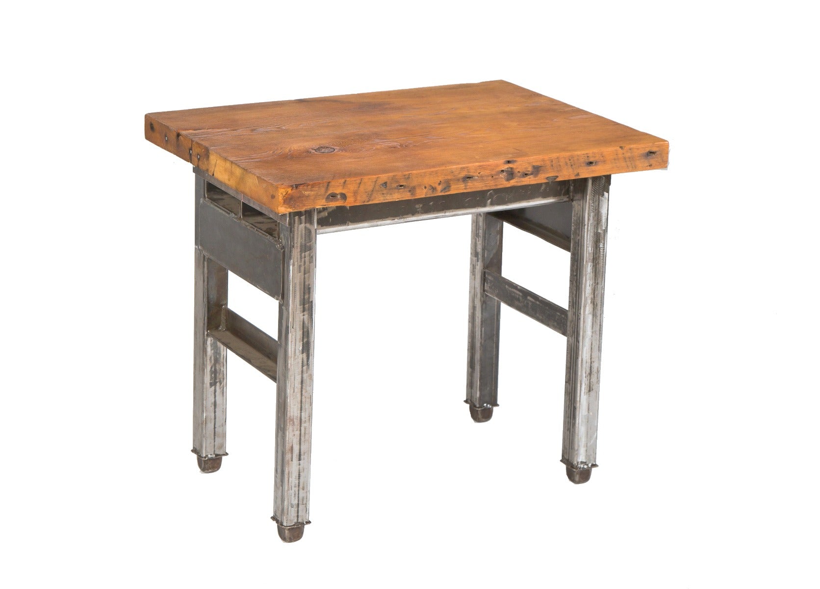 vintage american industrial multipurpose stationary side table with brushed steel four-legged base and varnished pine wood top