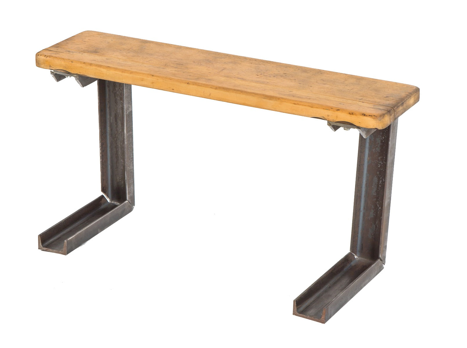 vintage american industrial stationary sitting bench with brushed metal bases and solid maple wood seat
