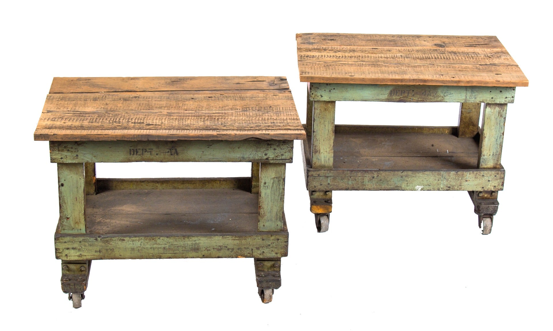 closely matching original and inact mobile "dept 4a" wrigley chewing gum factory carts with newly added old growth pine wood tops