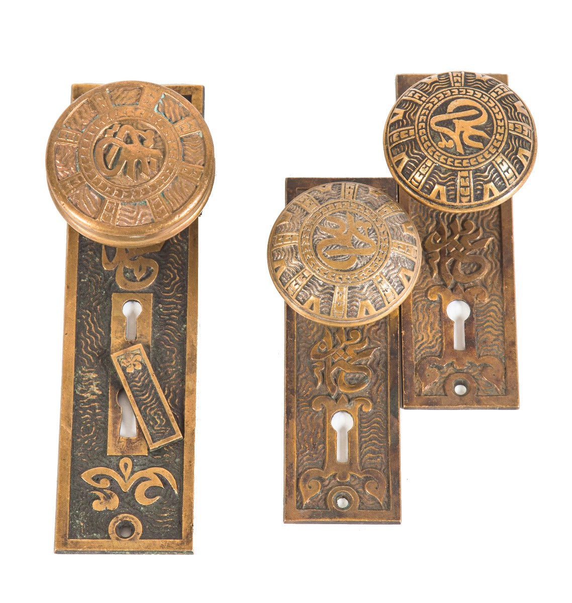 lot of highly desirable salvaged chicago antique american cast brass "arabic" pattern residential door hardware