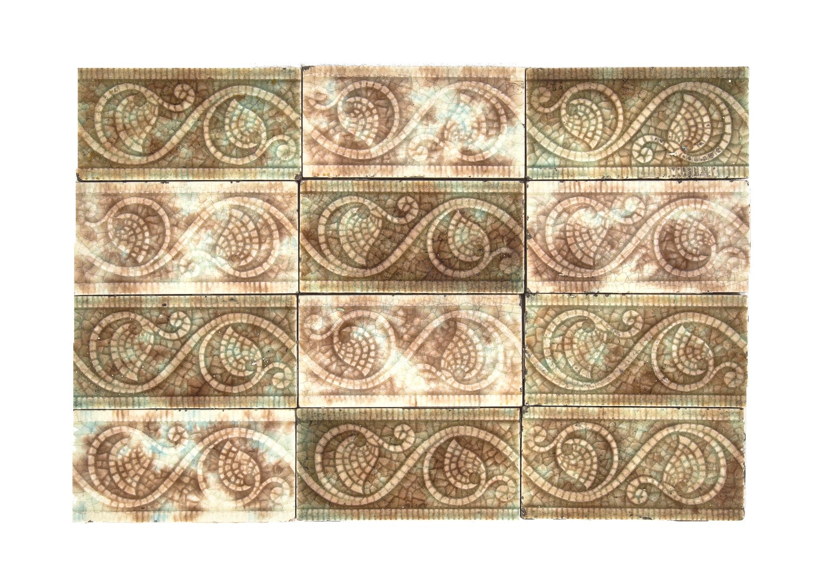 group of twelve matching original 19th century antique american salvaged chicago "mosaic" pattern majolica tiles