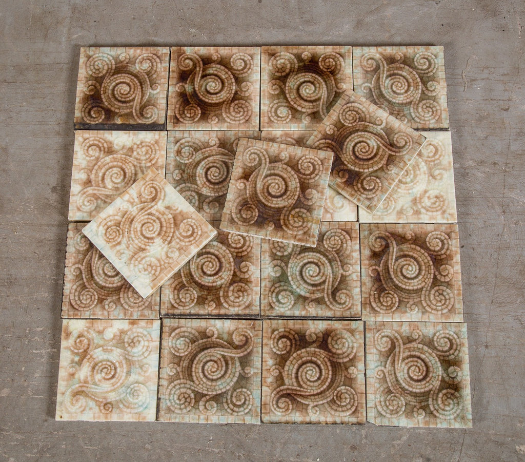 large lot of all original 19th century salvaged chicago "mosaic" pattern majolica glazed fireplace tiles with mottled finish