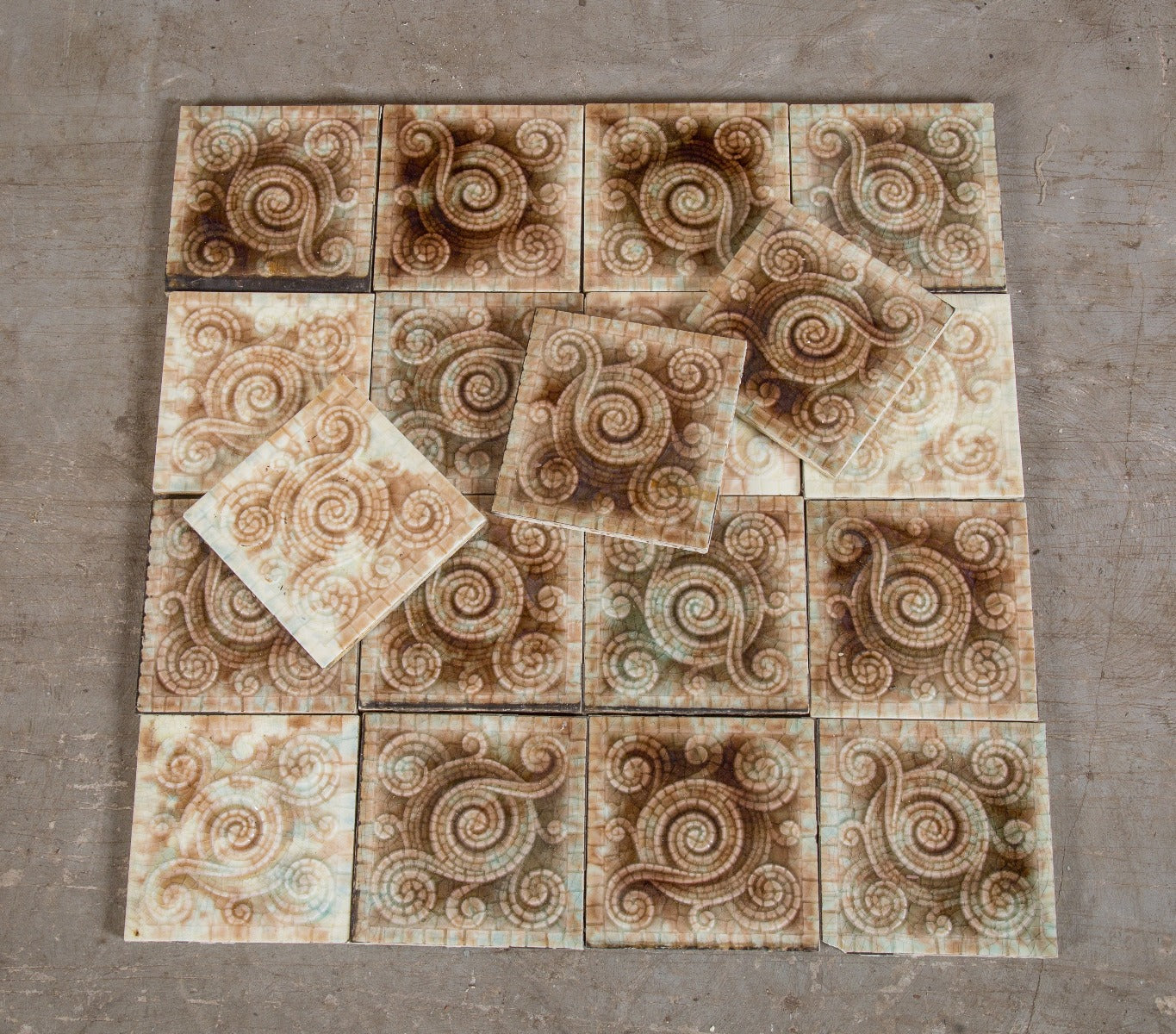 large lot of all original 19th century salvaged chicago "mosaic" pattern majolica glazed fireplace tiles with mottled finish