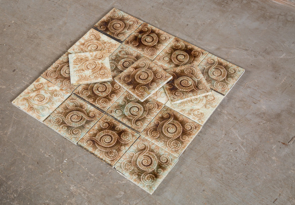 large lot of all original 19th century salvaged chicago "mosaic" pattern majolica glazed fireplace tiles with mottled finish