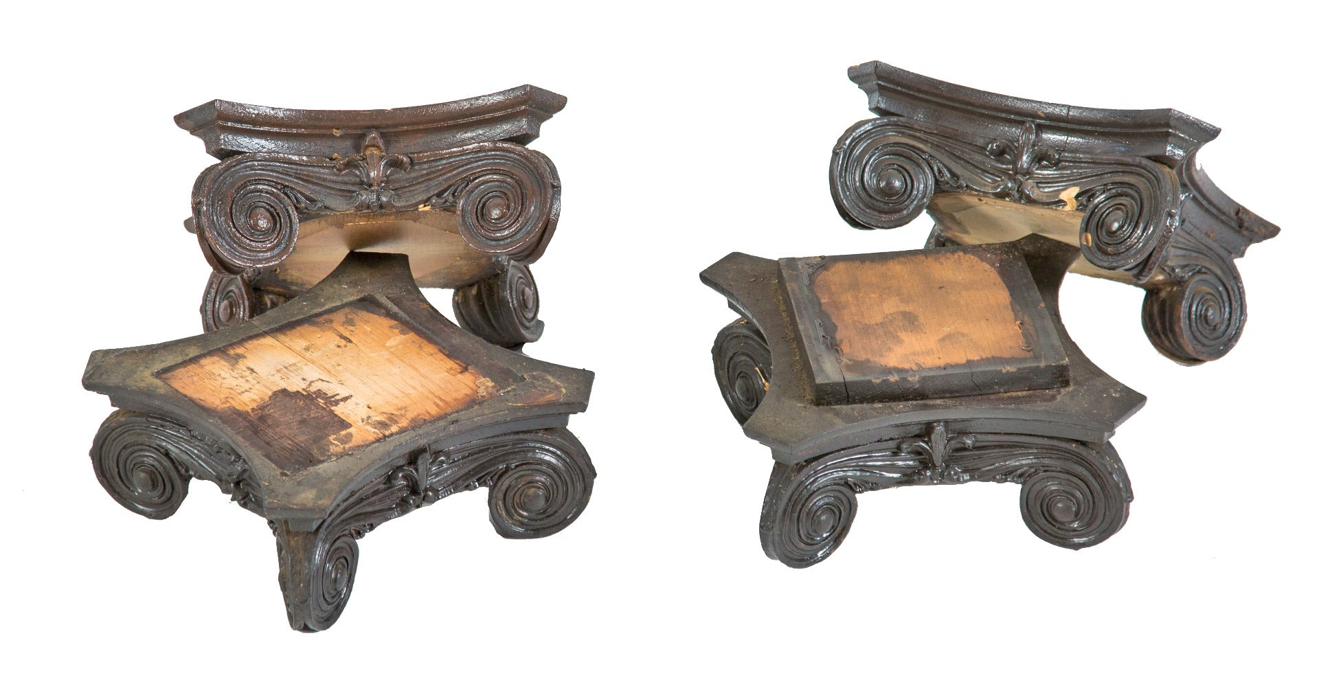 group of four matching 19th century largely intact oak wood and gesso neoclassical style ionic capitals