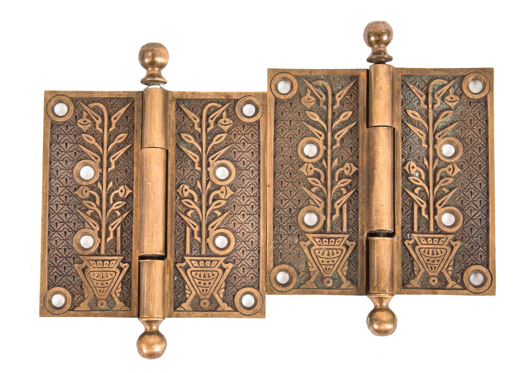 pair of original 1880's salvaged chicago hard to find "hoofed urn" cast brass passage door hinges with ball finials