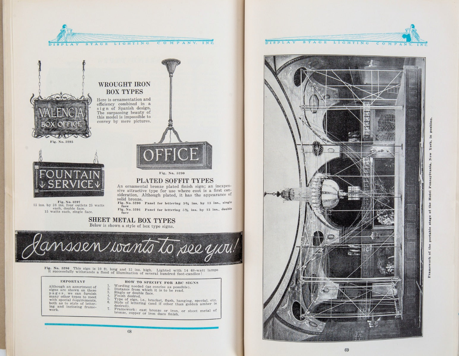 rare early 20th century softbound "theatrical lighting equipment and effects" product catalog for the display stage lighting company