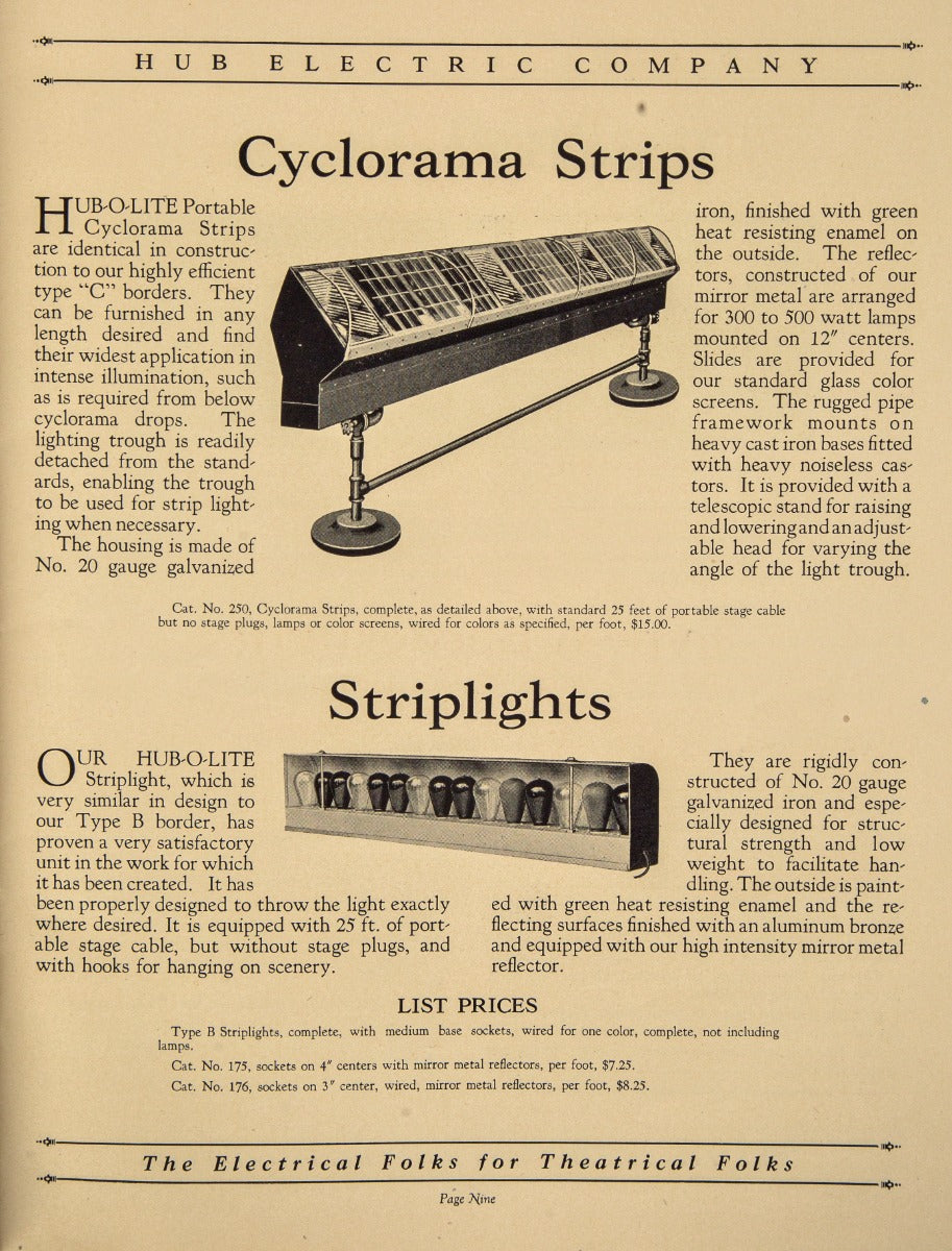 rare original and intact staple-bound early 20th century theater lighting catalog for hub electric company