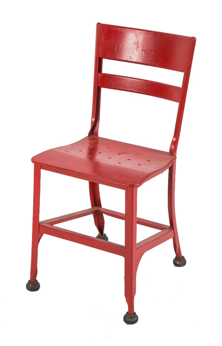 original vintage american industrial four-legged old red enameled "uhl art steel" chair with backrest