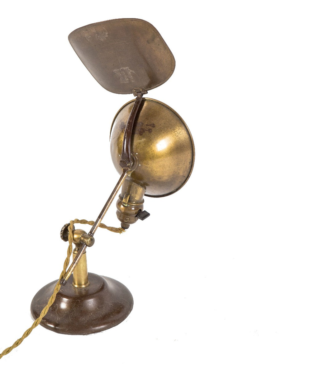 american industrial fully adjustable polished brass "lyhne" portable desk or table lamp with bulbous socket housing and rotating reflector