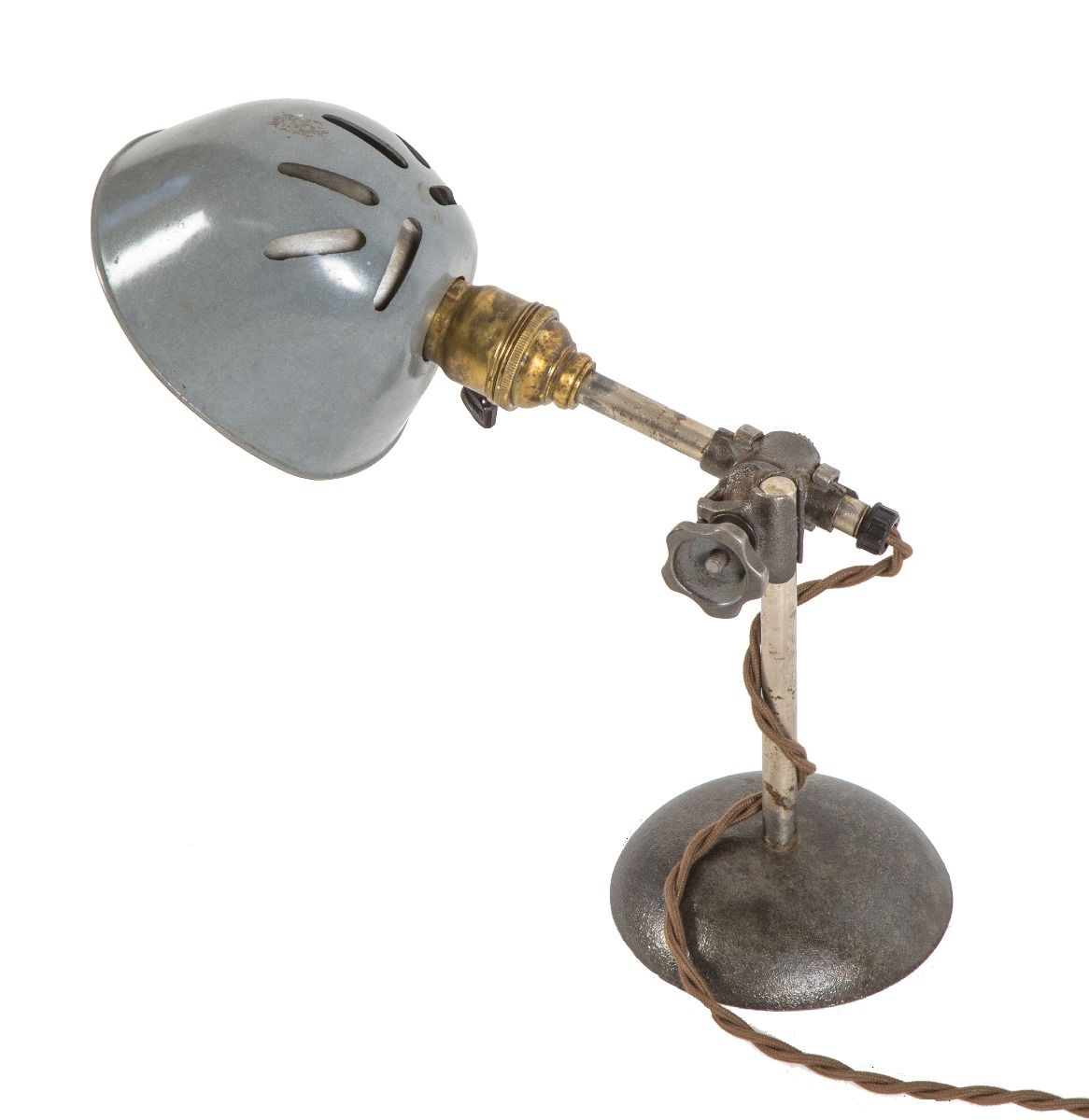 fully functional rewired antique american industrial adjustable o.c. white table lamp with knuckle joint