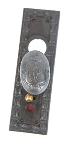 hard to find 19th century ornamental cast iron massachusetts government building doorknob and matching backplate with state seal