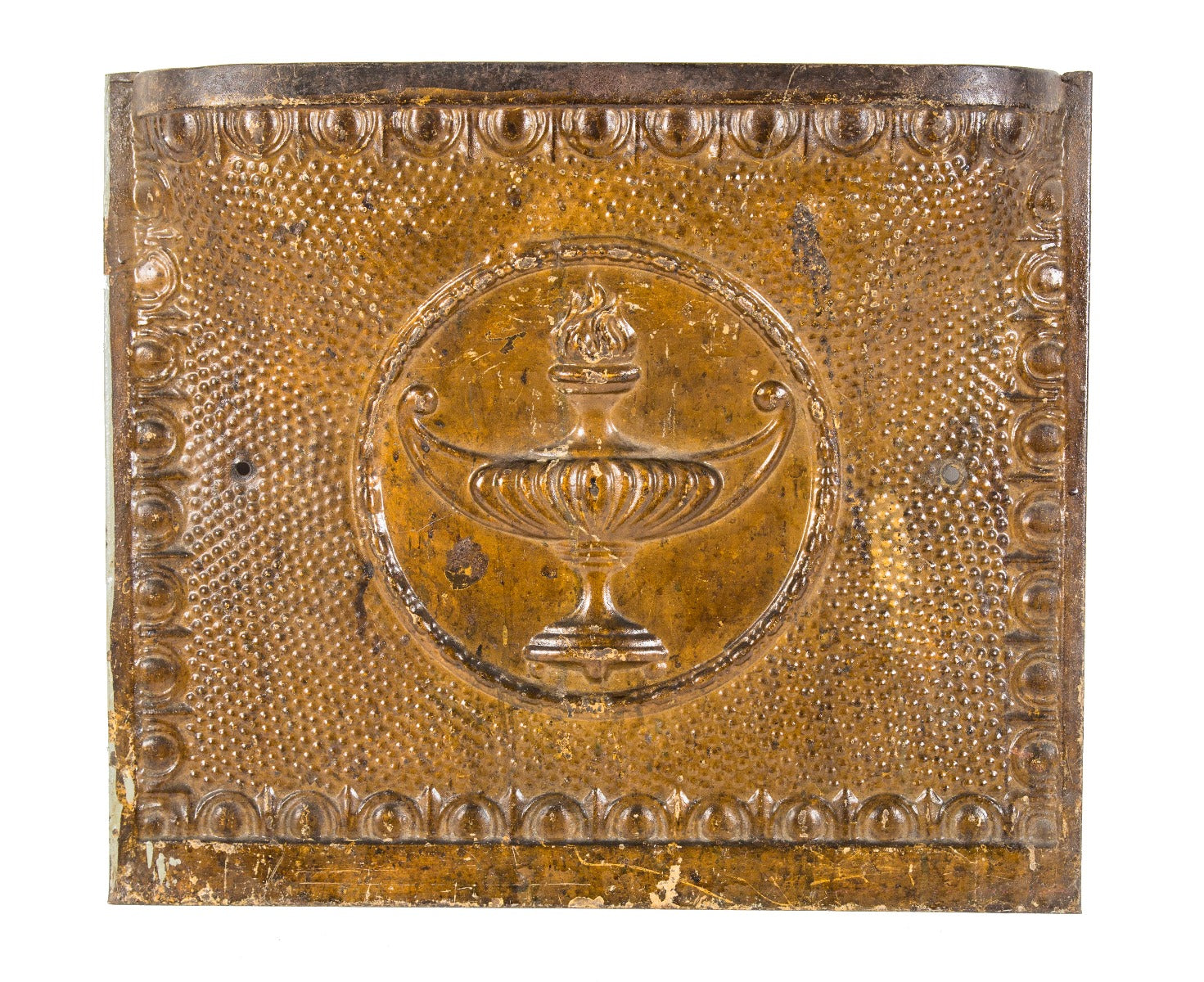 early 20th century american interior residential embossed ornamental steel fireplace summer cover with encircled flame finial urn