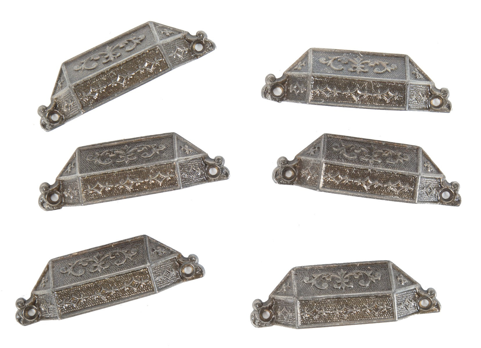 group of original 1870's salvaged chicago post-fire interior residential pantry drawer pulls with brushed metal finish